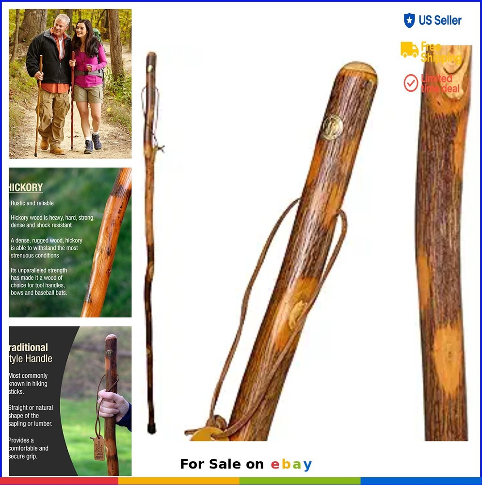 Hiking Stick Handcrafted Hickory Wood Walking Cane with Strap for Men Women