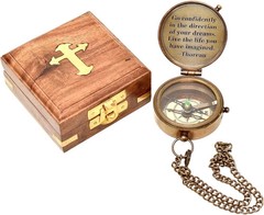 Vintage Brass Pocket Compass with Chain & Wooden Box – Nautical Gift Quote
