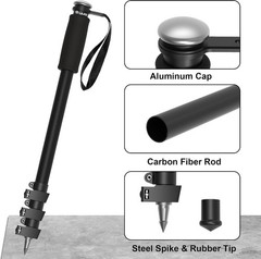 Carbon Fiber Monopod Shooting Stick, Adjustable Height, 4-Section, Portable