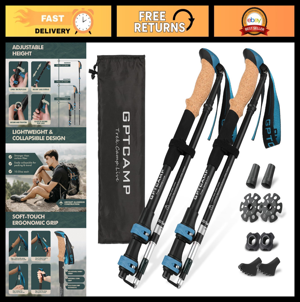 Collapsible Trekking Poles – Lightweight Adjustable Hiking Sticks, 2pc Set with