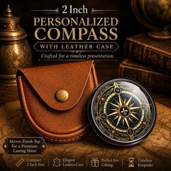 Personalized brass pocket compass, leather case, antique nautical gift engraved