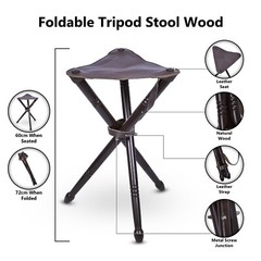 Outdoor Walking Stick Natural Wood Tripod Stool with Leather Seat Waking Cane