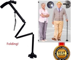 Folding LED Walking Stick Cane All-Terrain Pivoting Base Adjustable Black