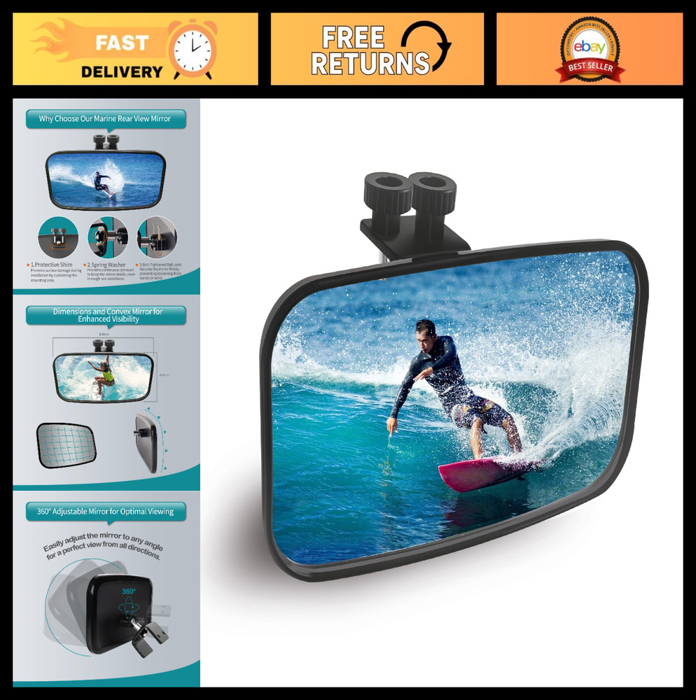 Adjustable Marine Boat Mirror – 8.5″x4.6″ Wide-Angle Rear View for Pontoon & Ski