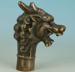 Asian Old Bronze Hand Carved Dragon Statue Walking Stick Head Statues