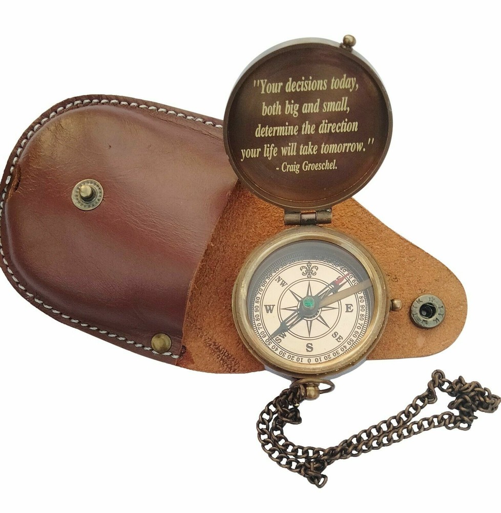 Engraved QUOTE Antique Brass Compass with Leather Case, Gift for Loved Ones