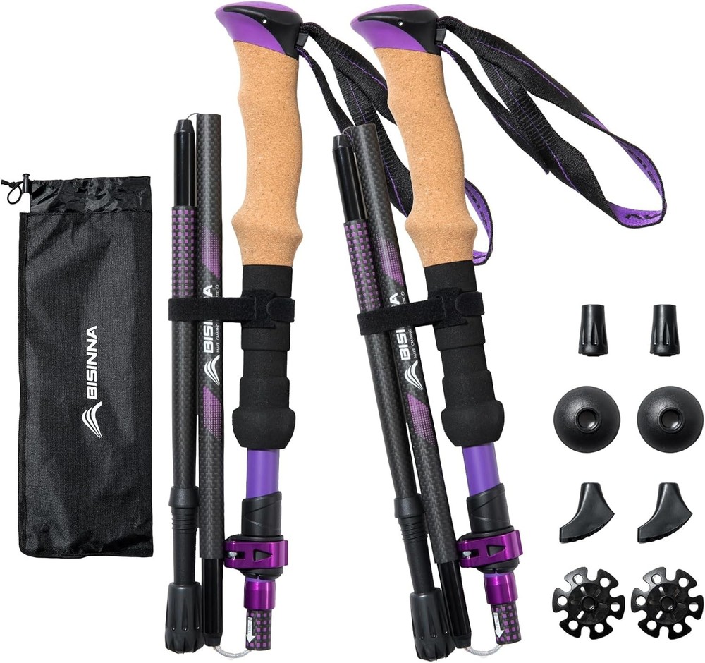 BISINNA Carbon Fiber Trekking Poles Collapsible Hiking 100-115, Purple