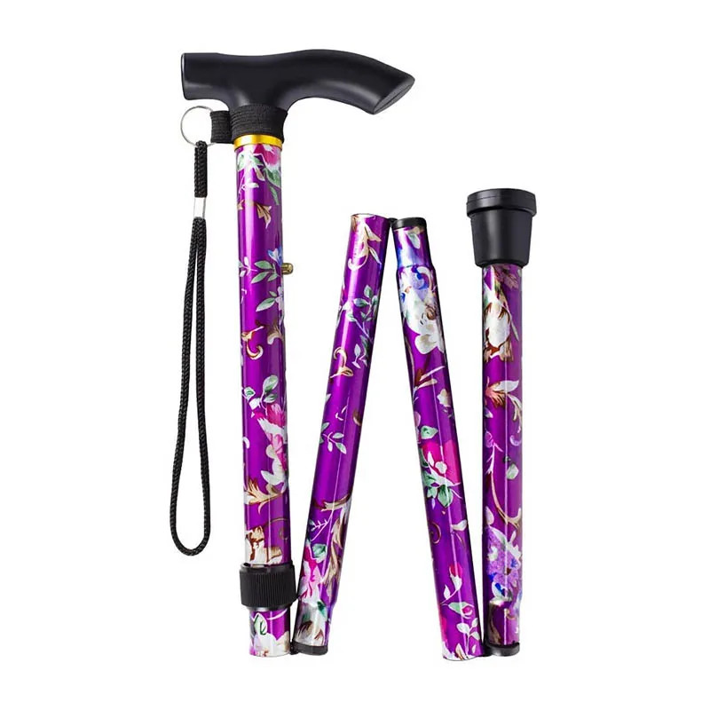 Folding Walking Cane Adjustable 32-37″ Purple Floral Aluminum Lightweight Stick