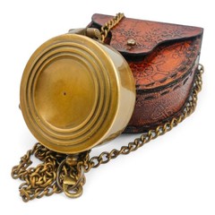 Brass Pocket Compass Antique Nautical Replica Leather Case 45mm