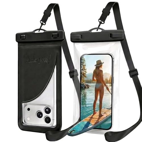 [2 Pack Waterproof Adjustable Lanyard Phone Pouch, Regular Black+Transparent