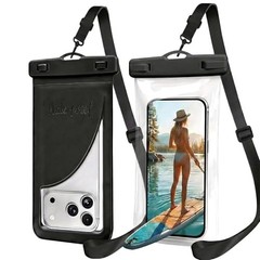 [2 Pack Waterproof Adjustable Lanyard Phone Pouch, Regular Black+Transparent