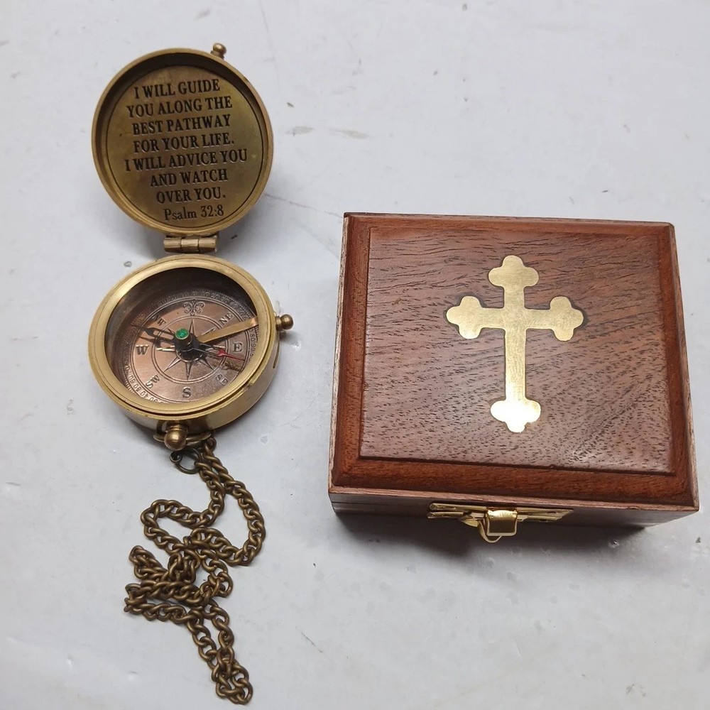 God’s Way Brass Compass, Psalm 32:8 Brass Compass with Wooden Brass Inlay Box