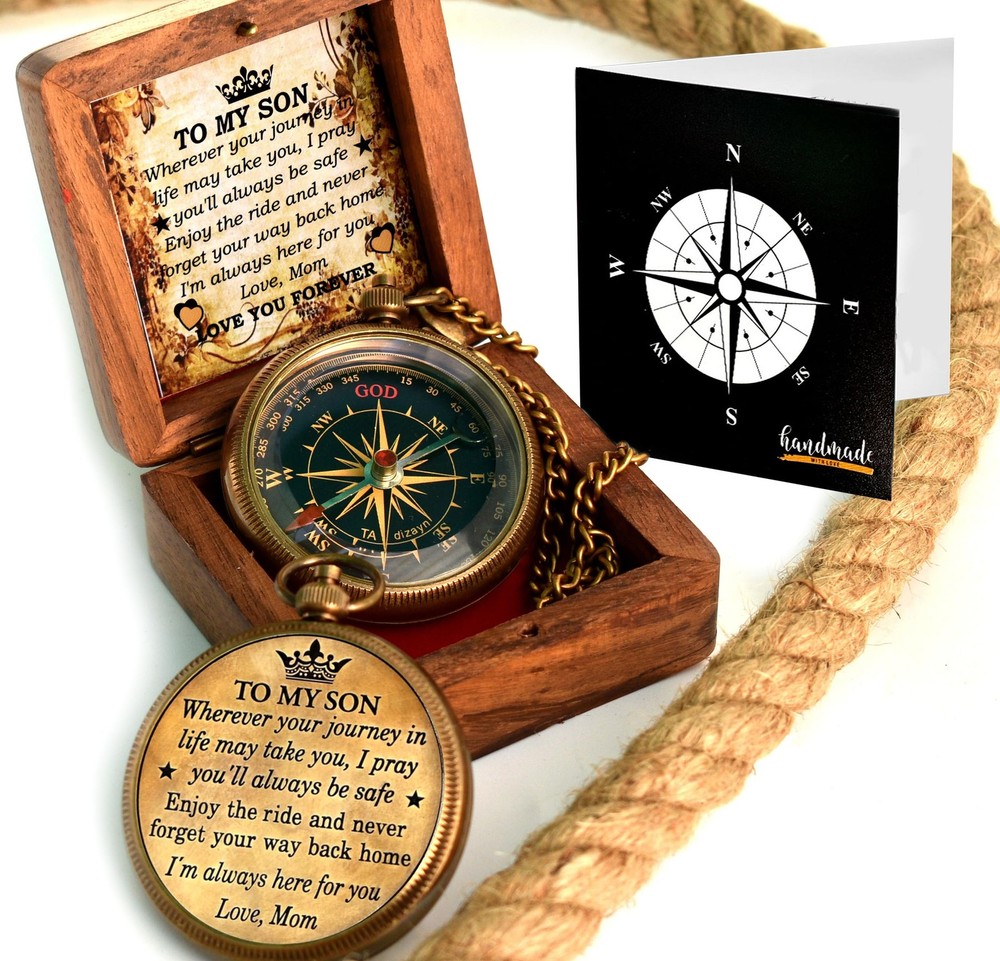 to My Son Compass with Wooden Box-Mom Medium, Antique Brass