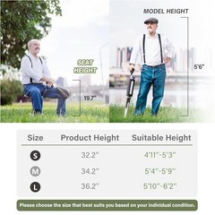Ta-Da Chair Series 2- Portable Walking Stick, Cane with Seat, M (34.2″) Black