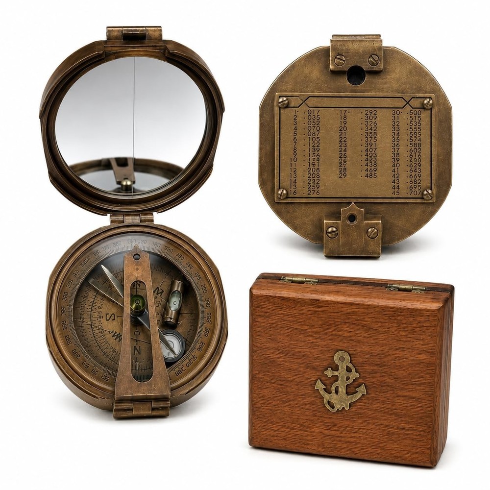 Brown Antique Brunton Compass in Wooden Box | Survey & Navigation Tool Gift Set