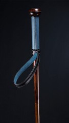 Compass Cane Mahogany Wooden Walking Stick w/ Blue Leather Handle & Wrist Loop