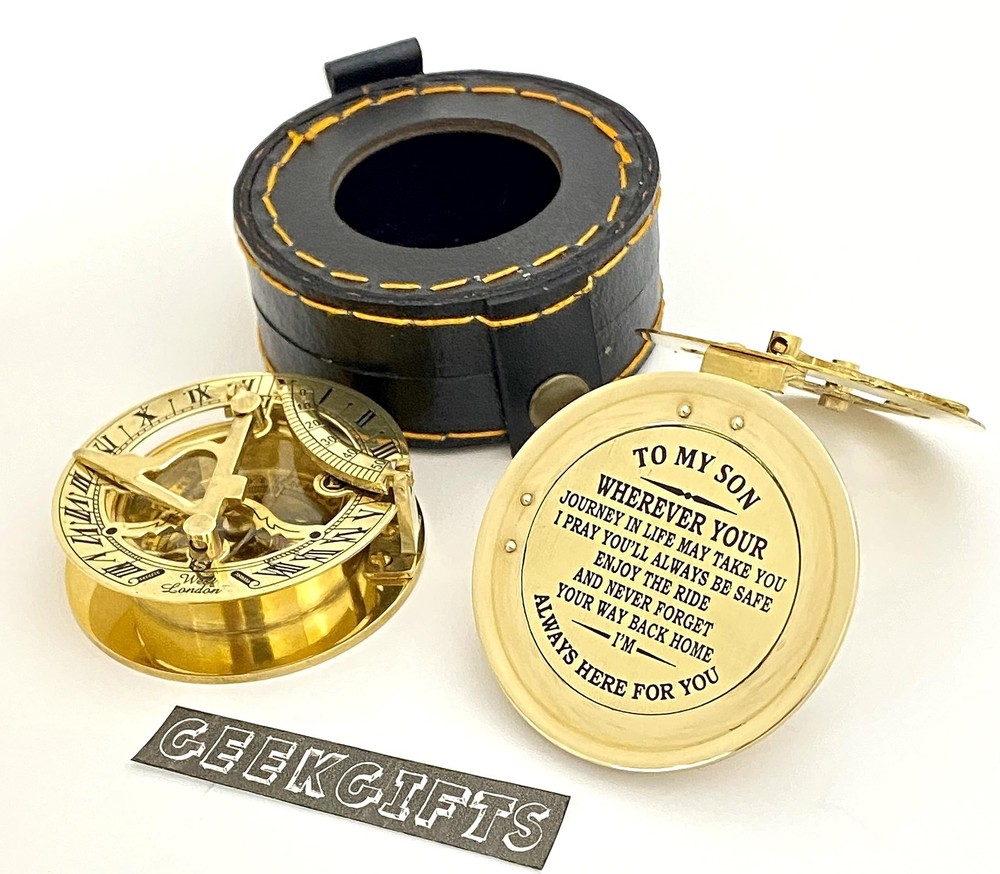 geekgifts Engraved Brass Sundial Compass Gift for Son with Leather Box