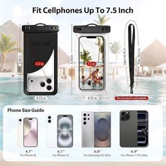 [2 Pack Waterproof Adjustable Lanyard Phone Pouch, Regular Black+Transparent