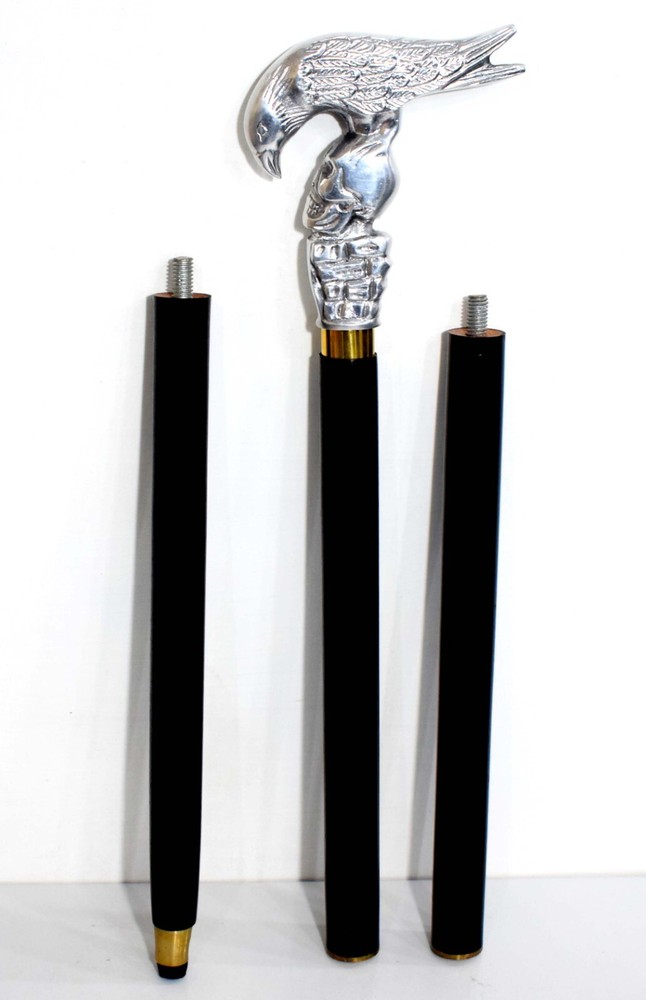 Deluxe Handcrafted Wooden Walking Cane w/ Ornamental Nickel Eagle & Skull Handle