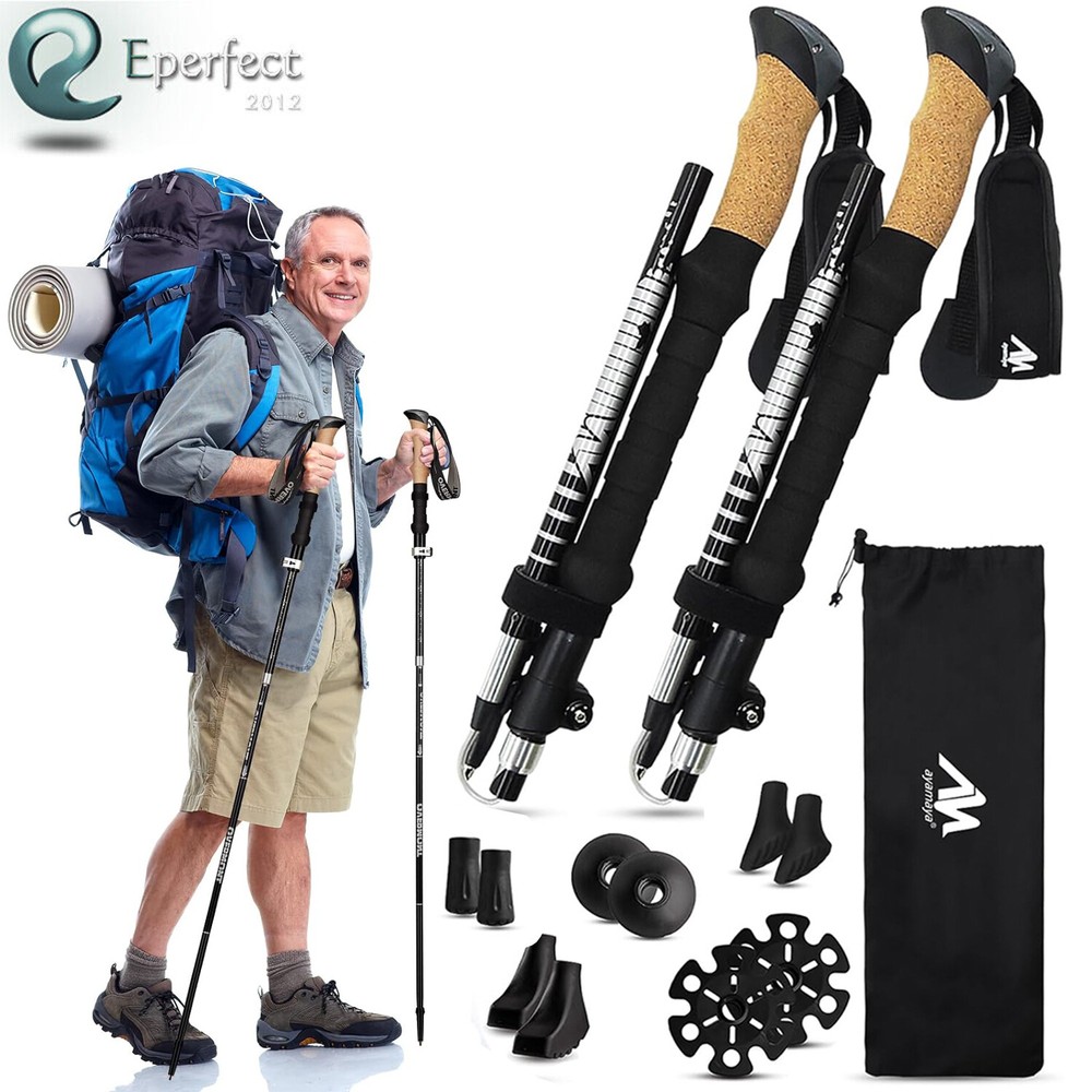 1 Pair Collapsible Hiking Trekking Poles Walking Sticks Adjustable Anti Shock
