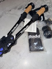 TrailBuddy Trekking Poles NWT Hiking Walking Sticks Cork Grip w/ Tips & Bag Blue
