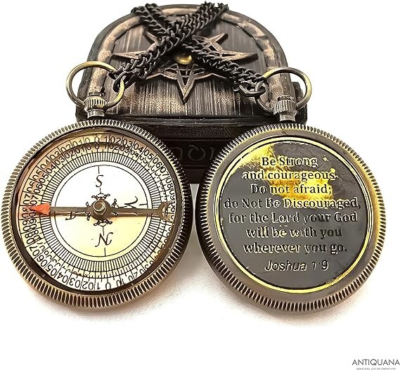 Be Strong and Courageous Engraved Compass with Authentic Leather Case Brass Comp