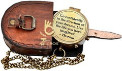 Antique Pocket Compass Thoreau Quote Leather Case Graduation Hiking Gift