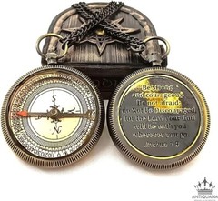 Be Strong and Courageous Engraved Compass with Authentic Leather Case Brass Comp