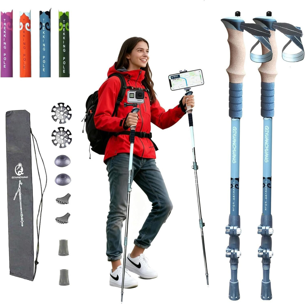 Ultralight Collapsible Trekking Poles with Top-Mounted Camera Holder, 1/4″ Threa