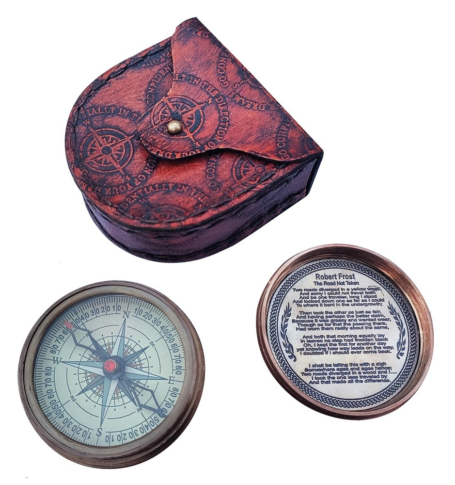 Engraved Antique Brass Poem Compass with Leather Case, Birthday Gift for Kids