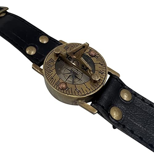Antique Sundial Compass with Black Leather Band Retro Watch Compass Nautical
