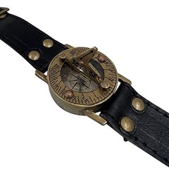 Antique Sundial Compass with Black Leather Band Retro Watch Compass Nautical