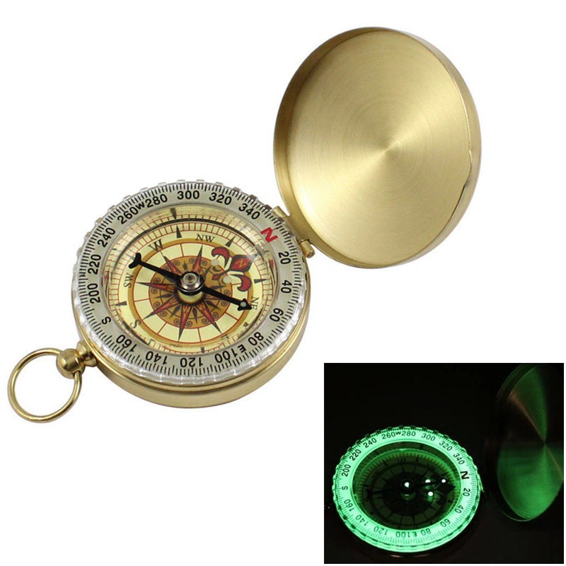 Outdoor Camping Luminous Brass Pocket Watch Style Military Army Compass Keychain