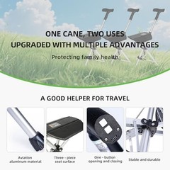 Lightweight Folding Hiking Pole with Seat, Aluminum Walking Stick, Anti-Slip, Ea