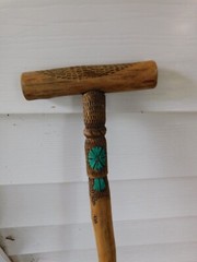Vintage Wooden Wood Walking Stick with Aqua / Turquoise Blue Ribbon Feathered ?
