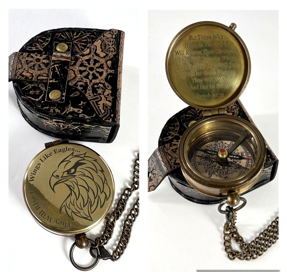 Brass Pocket Compass Directional Magnetic Eagle Engraved Scripture Isaiah 40:31