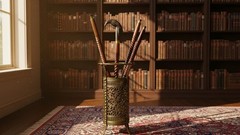 Walking Cane/Axe Handle Design, Black Metal Head, Wooden Shaft, Gold Accent Band