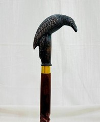 Walking Cane/Axe Handle Design, Black Metal Head, Wooden Shaft, Gold Accent Band