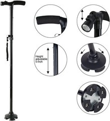 Folding LED Walking Stick Cane All-Terrain Pivoting Base Adjustable Black