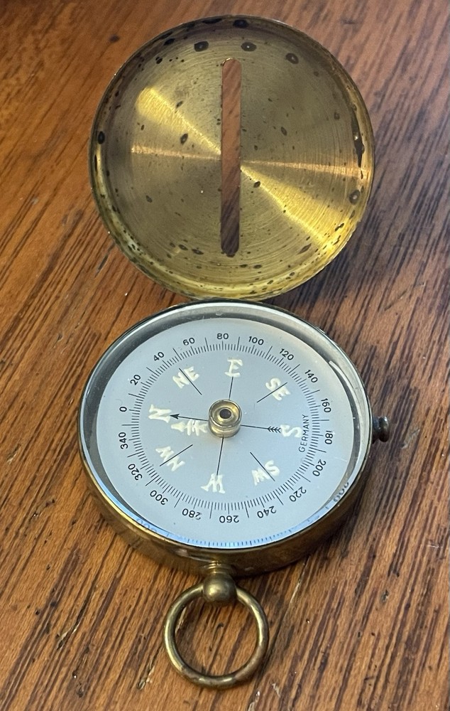 Vintage German Made Hinged Brass Encased Compass Glass Face Needle Lock Switch