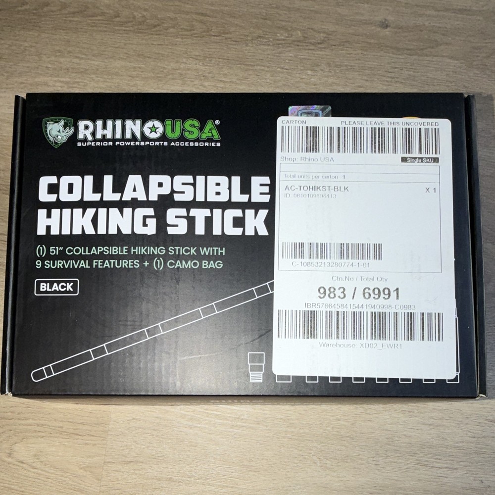 Rhino USA Collapsible Hiking Staff 51in Black Carbide/Rubber Tip AC-TOHIKST-BLK