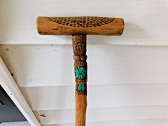 Vintage Wooden Wood Walking Stick with Aqua / Turquoise Blue Ribbon Feathered ?