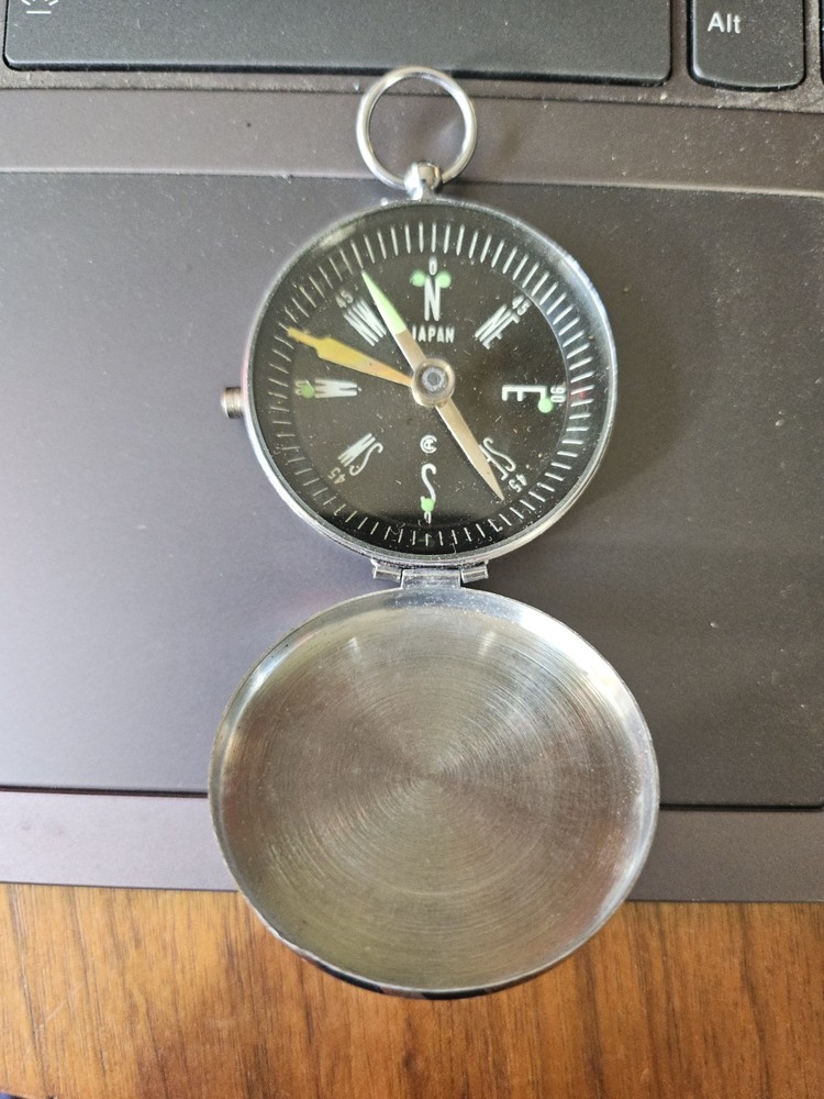 VTG Japanese Compass Pocket Watch Style Black Dial Silver Metal 1 3/4″ Japan “D”