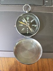 VTG Japanese Compass Pocket Watch Style Black Dial Silver Metal 1 3/4″ Japan “D”