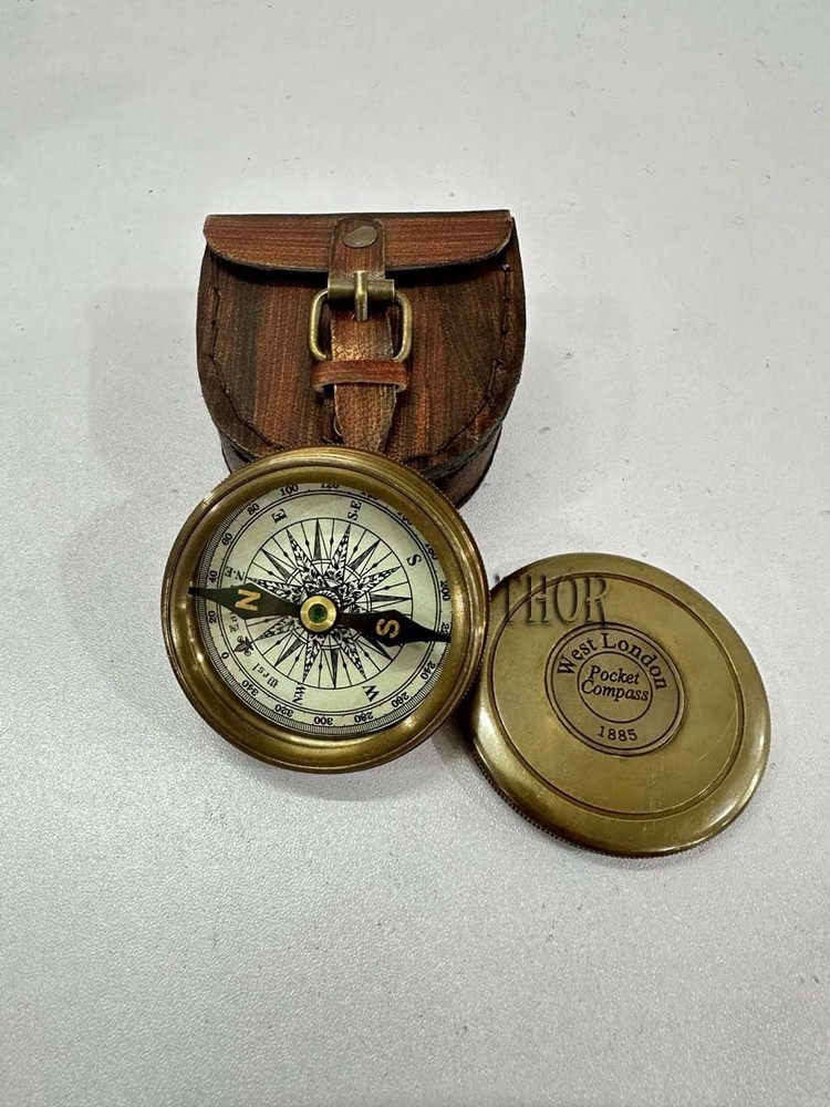 Antique Brass Pocket Compass Leather Case Engraved Camping Hiking Touring