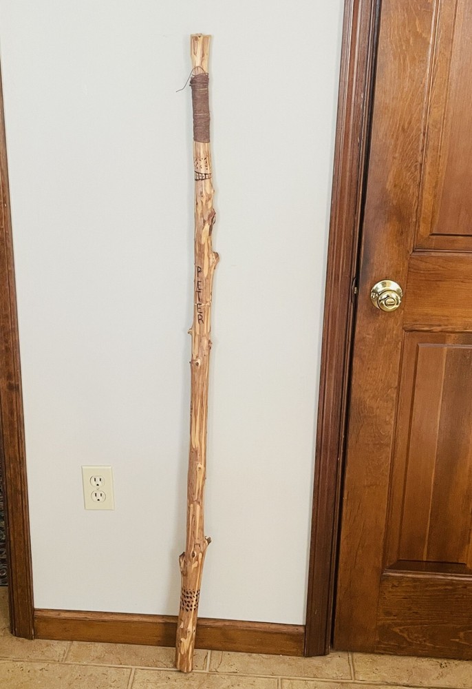WALKING STICK 56″ HAND CARVED CANE Nature Animals Stars Moon Sun Astrology Peter