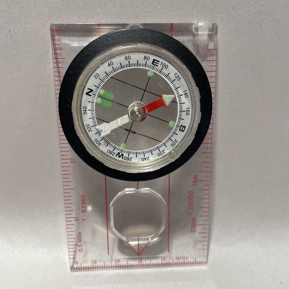 MAP COMPASS, Magnifier, Measuring Tool, No Lanyard. Good Condition.