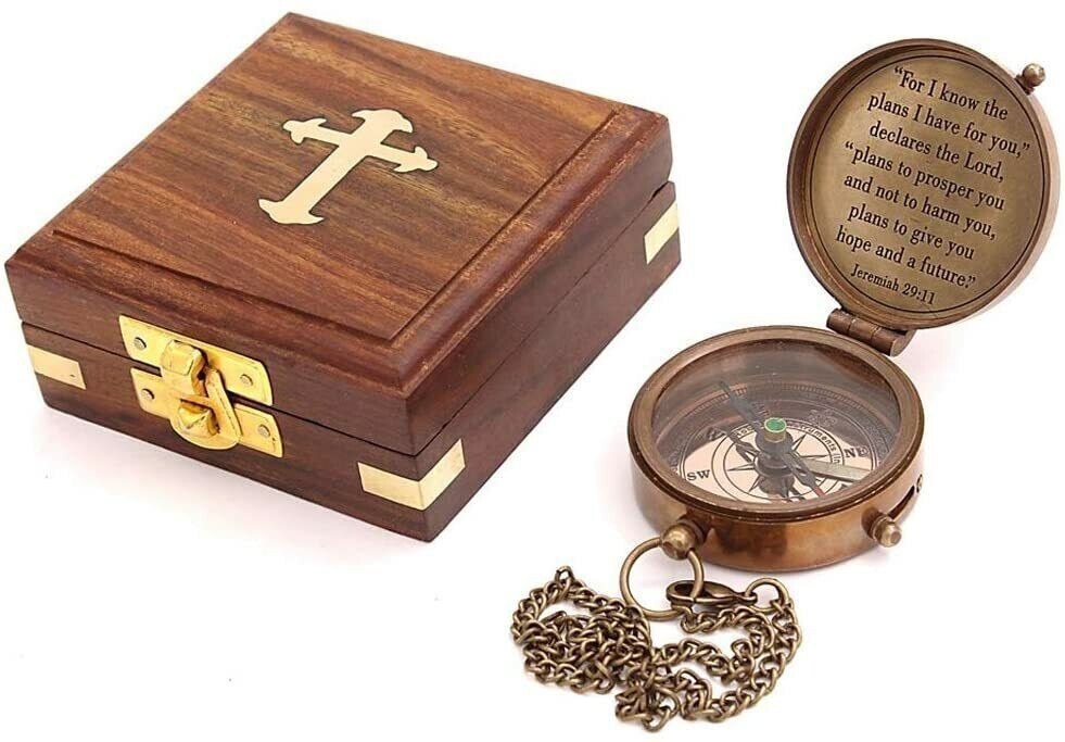 2 Inch Brass Compass With Wooden Box Hiking & Camping Compass Nautical Engraved