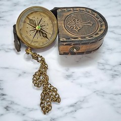 Vintage-Style Brass Compass with Chain and Leather Case Be Strong & Courageous