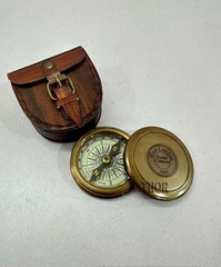 Antique Brass Pocket Compass Leather Case Engraved Camping Hiking Touring